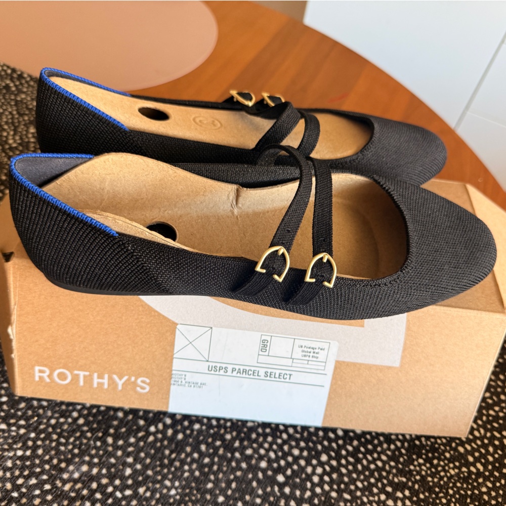 Rothy's Black Knit Double-Strap Flats with Gold Buckles